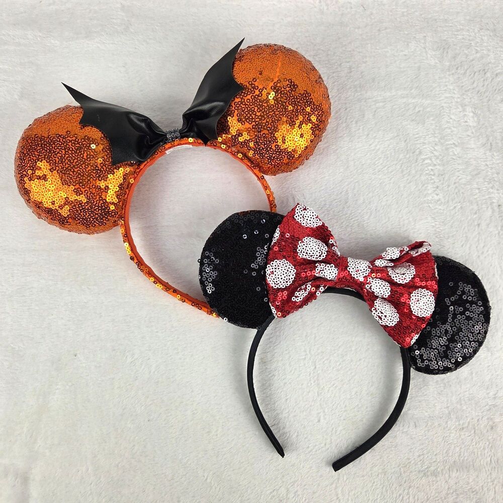 Sequined Minnie Mouse Ears Headband Set Red Bow And Orange Bat Disney